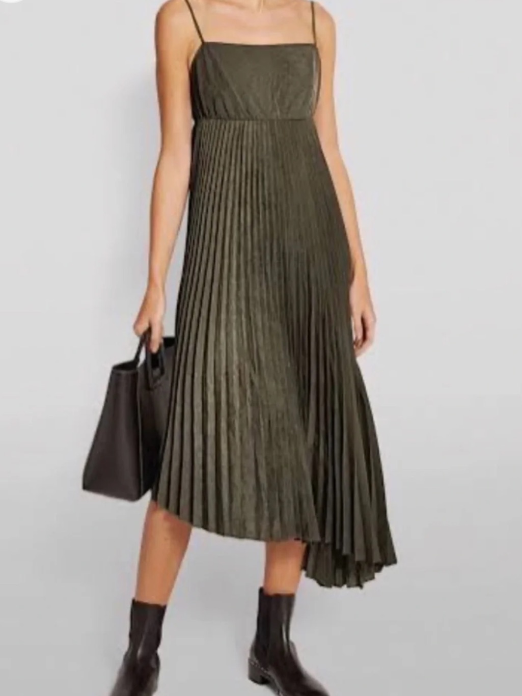 Allsaints Olive Green Pleated Midi Dress With Spaghetti Straps